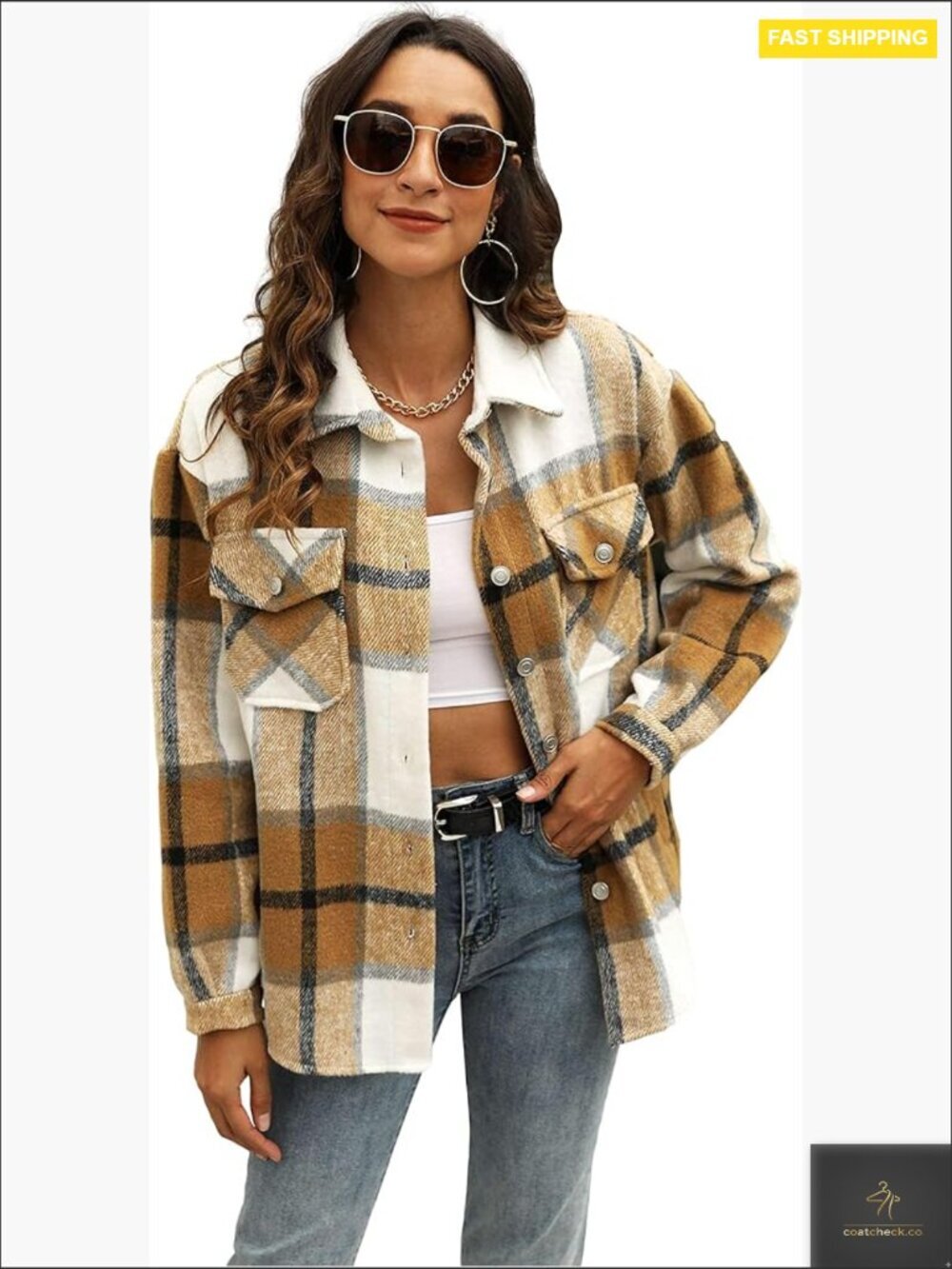 Womens Plaid Shacket Button Down Wool Blend Flannel Shirt Jacket Oversized Fall